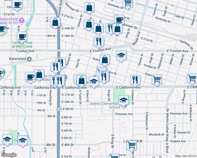 map of restaurants, bars, coffee shops, grocery stores, and more near 615 Butte Street in Bakersfield