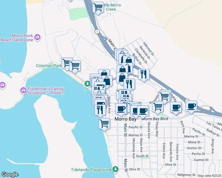 map of restaurants, bars, coffee shops, grocery stores, and more near 1188 Market Avenue in Morro Bay