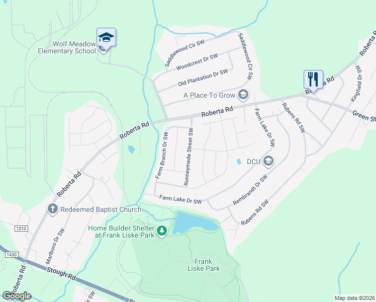 map of restaurants, bars, coffee shops, grocery stores, and more near 3247 Runneymede Street Southwest in Concord