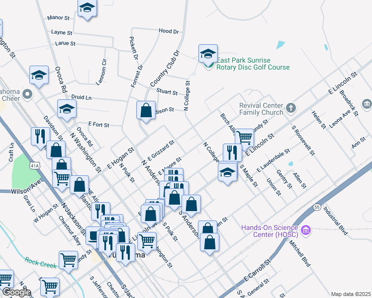 map of restaurants, bars, coffee shops, grocery stores, and more near 306 North Summit Street in Tullahoma