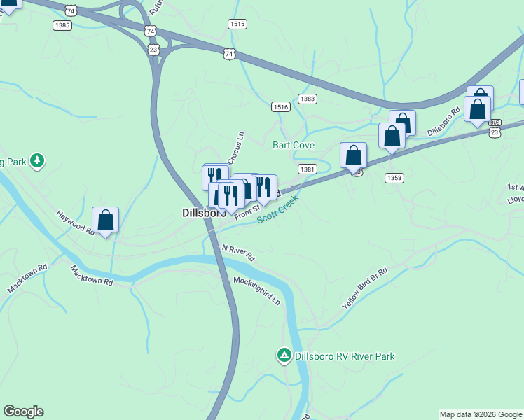 map of restaurants, bars, coffee shops, grocery stores, and more near Depot Street in Sylva