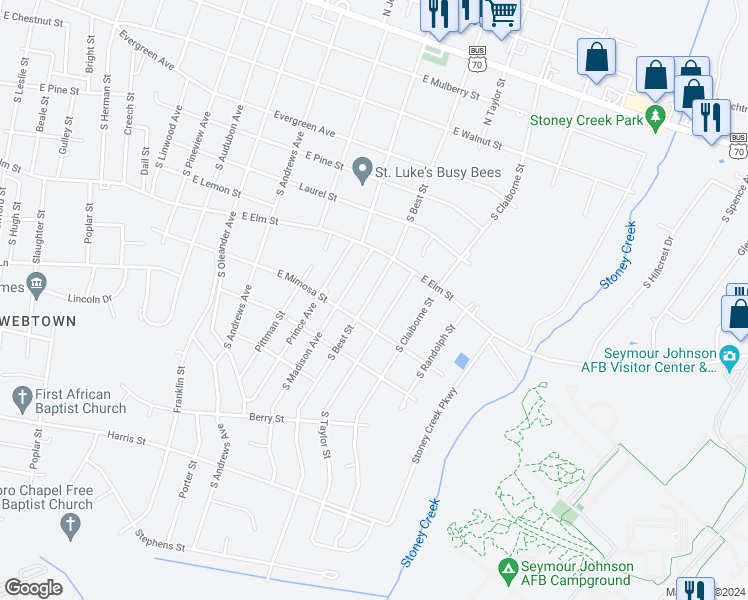 map of restaurants, bars, coffee shops, grocery stores, and more near 608 South Best Street in Goldsboro