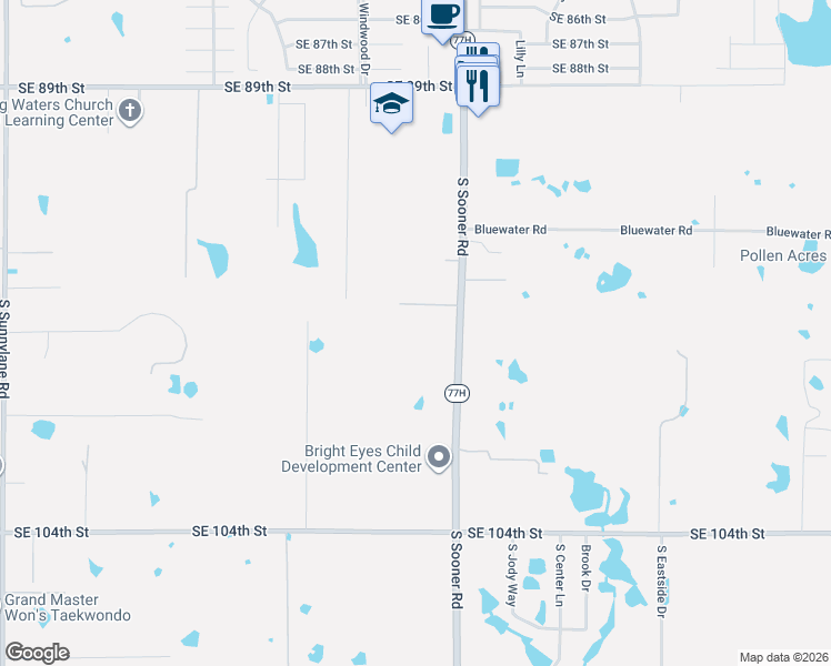 map of restaurants, bars, coffee shops, grocery stores, and more near 9901 South Sooner Road in Oklahoma City