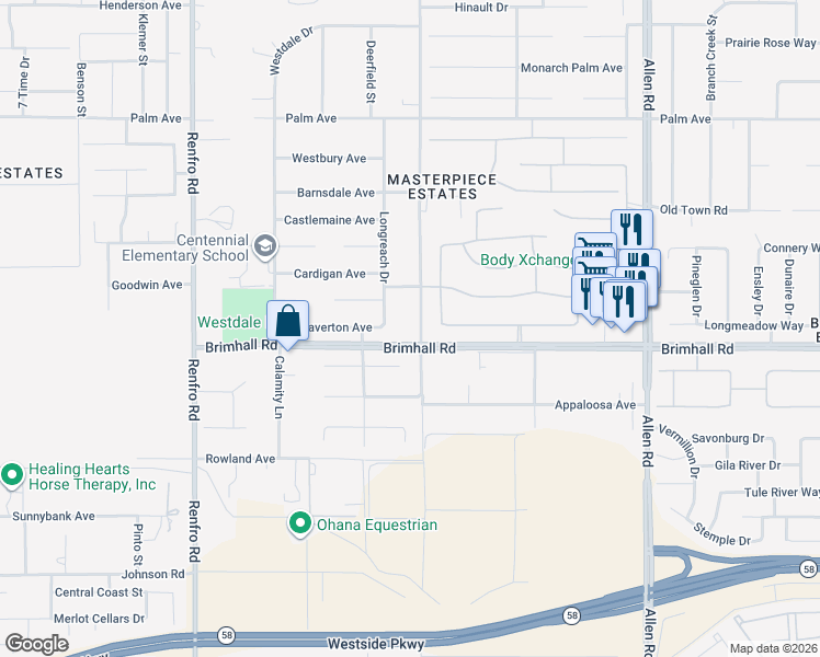 map of restaurants, bars, coffee shops, grocery stores, and more near 1300 Longreach Drive in Bakersfield