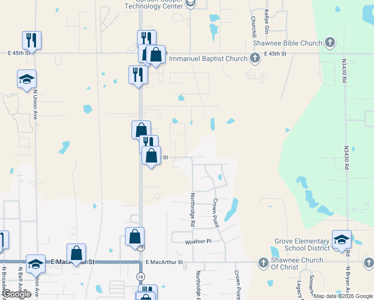 map of restaurants, bars, coffee shops, grocery stores, and more near 1136 East 39th Street in Shawnee