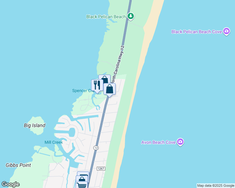 map of restaurants, bars, coffee shops, grocery stores, and more near Kinnakeet Drive North in Nags Head