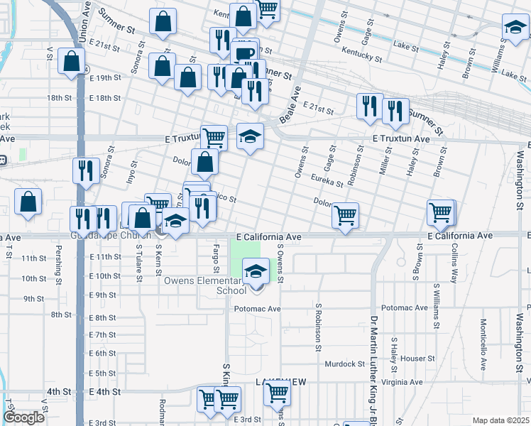 map of restaurants, bars, coffee shops, grocery stores, and more near 2 Beale Avenue in Bakersfield