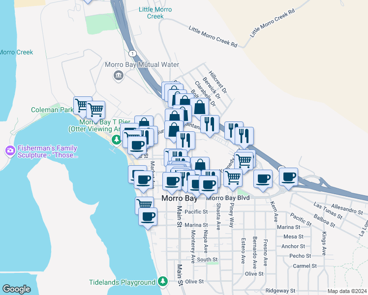 map of restaurants, bars, coffee shops, grocery stores, and more near 1195 Monterey Avenue in Morro Bay