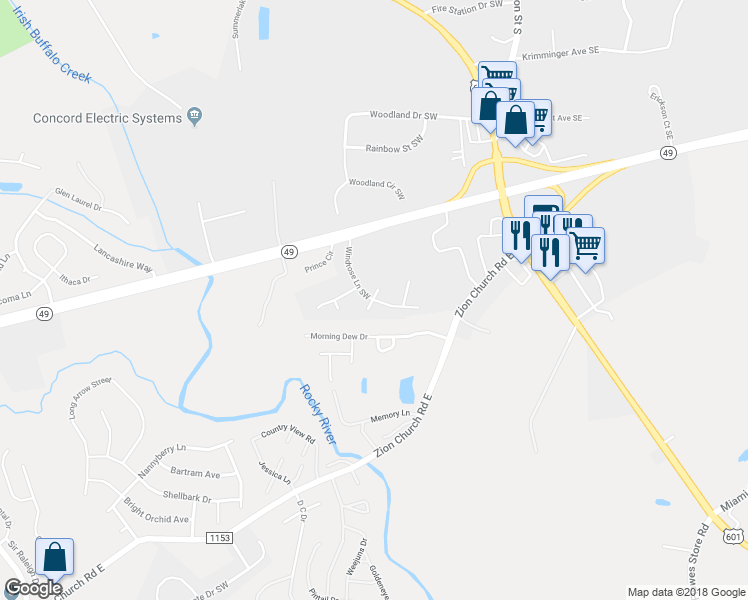 map of restaurants, bars, coffee shops, grocery stores, and more near 1299 Laurelwind Place Southwest in Concord
