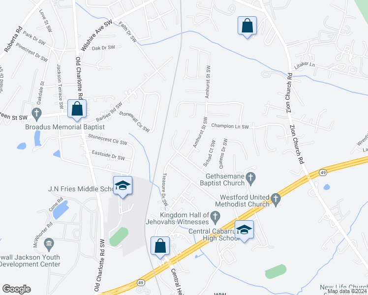 map of restaurants, bars, coffee shops, grocery stores, and more near 906 Treasure Place Southwest in Concord