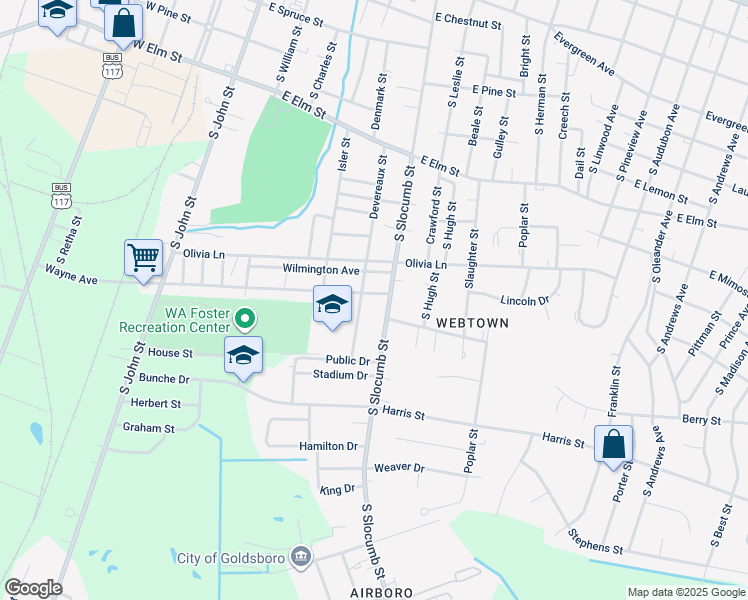 map of restaurants, bars, coffee shops, grocery stores, and more near 913 S Slocumb St in Goldsboro