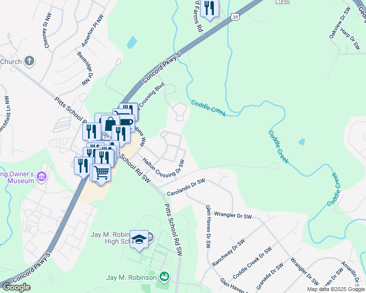 map of restaurants, bars, coffee shops, grocery stores, and more near 3667 Ascott Commons Lane Southwest in Concord