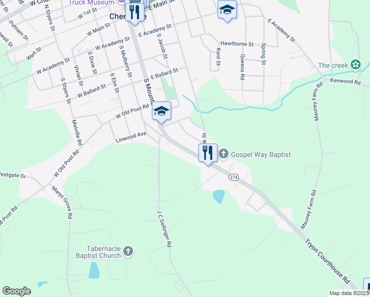 map of restaurants, bars, coffee shops, grocery stores, and more near 619 South Mountain Street in Cherryville