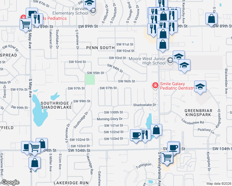 map of restaurants, bars, coffee shops, grocery stores, and more near 9800 Honeysuckle Road in Oklahoma City