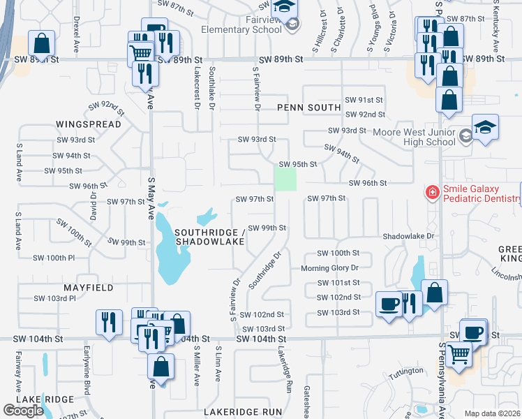 map of restaurants, bars, coffee shops, grocery stores, and more near 2604 Southwest 97th Street in Oklahoma City