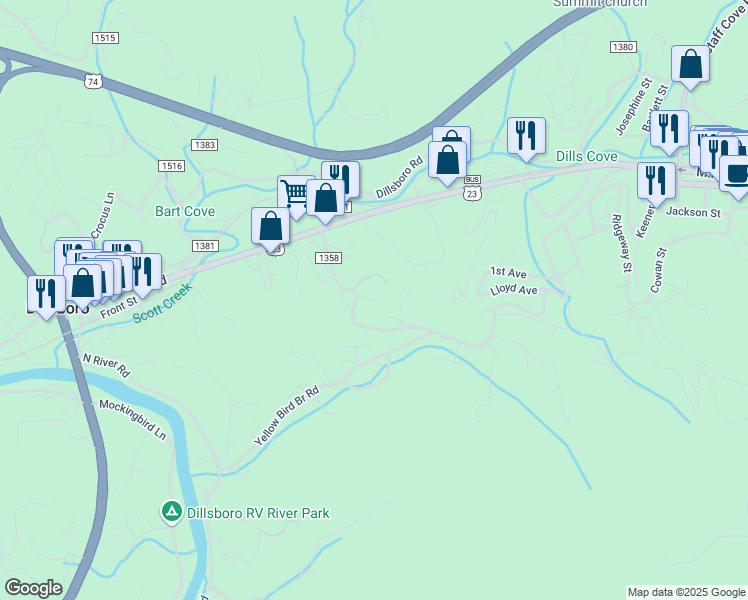 map of restaurants, bars, coffee shops, grocery stores, and more near 2 Winterhaven Drive in Sylva