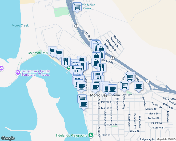 map of restaurants, bars, coffee shops, grocery stores, and more near 1188 Market Avenue in Morro Bay