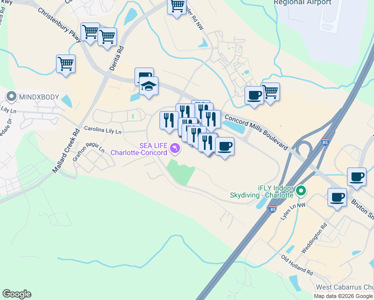 map of restaurants, bars, coffee shops, grocery stores, and more near 8210 Concord Mills Boulevard in Concord