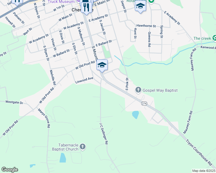map of restaurants, bars, coffee shops, grocery stores, and more near 303 J C Dellinger Road in Cherryville