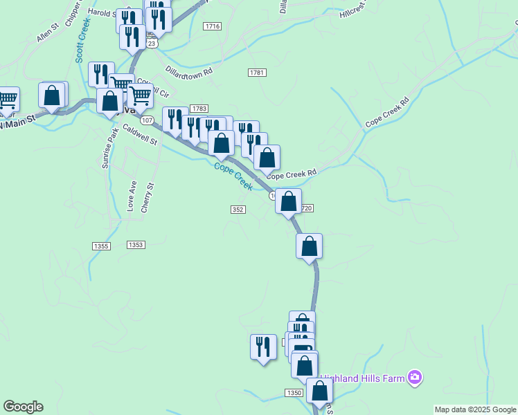 map of restaurants, bars, coffee shops, grocery stores, and more near 42 Pathfinder Lane in Sylva
