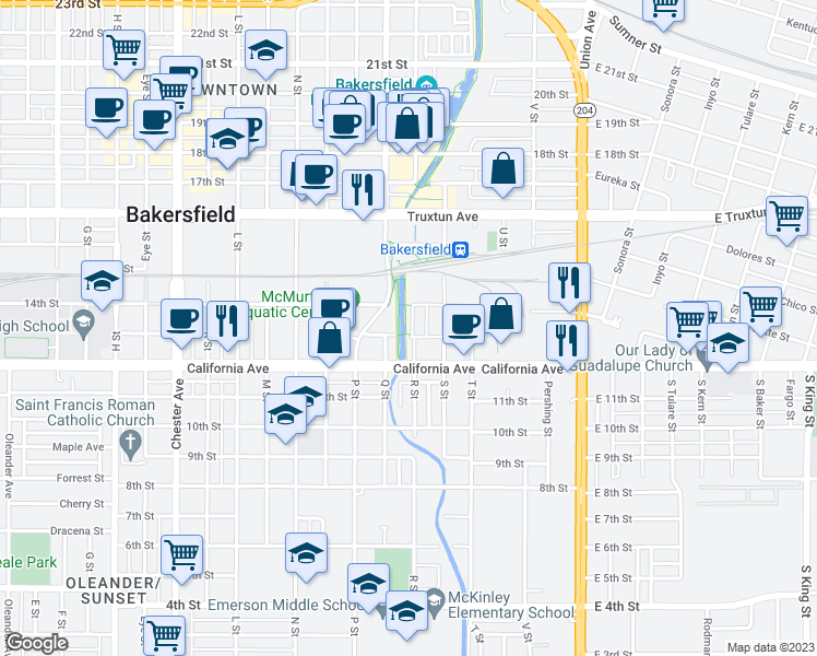 map of restaurants, bars, coffee shops, grocery stores, and more near 1300 R Street in Bakersfield