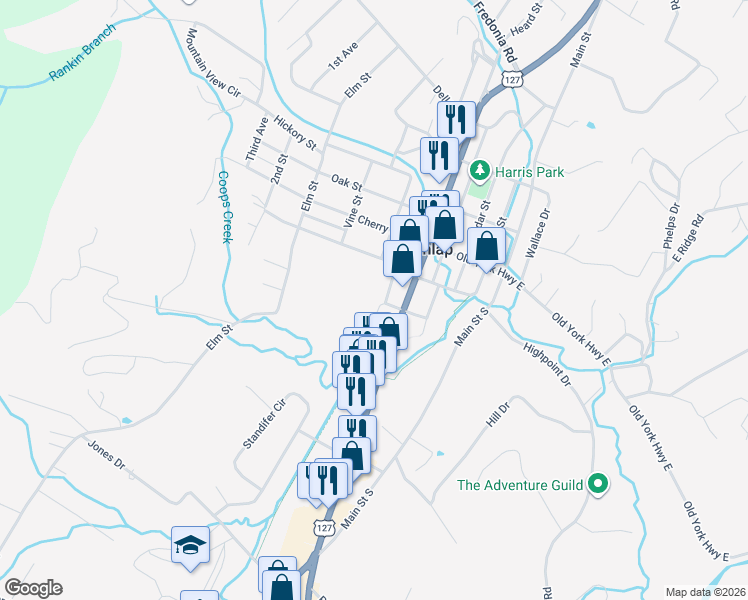 map of restaurants, bars, coffee shops, grocery stores, and more near 184 Wagner Ln in Dunlap