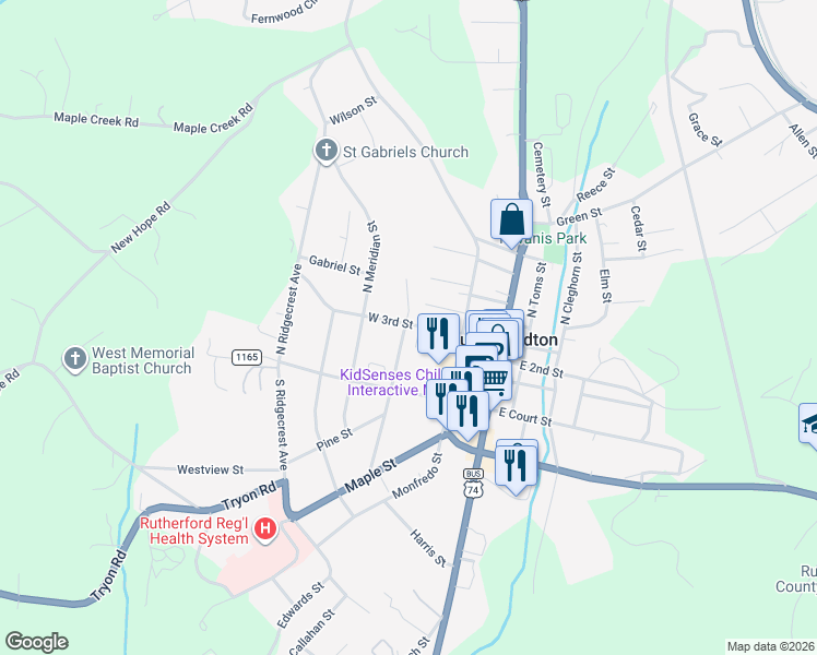 map of restaurants, bars, coffee shops, grocery stores, and more near 200 West 3rd Street in Rutherfordton