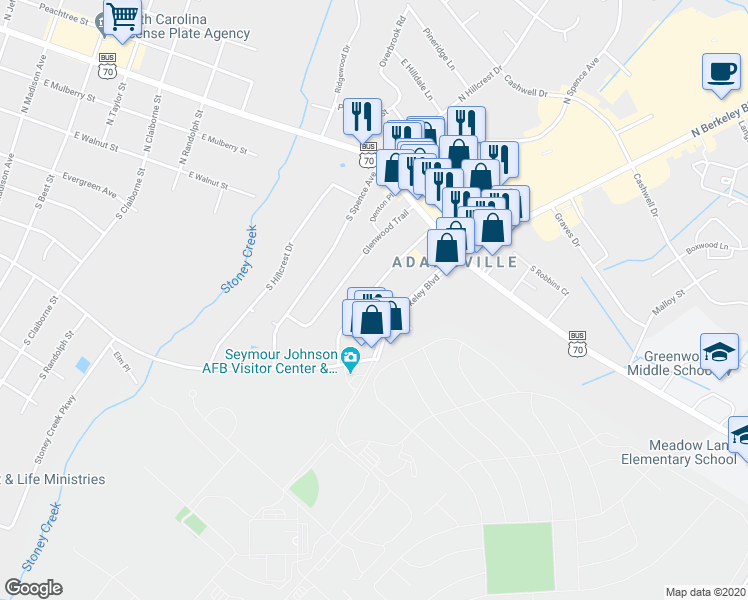 map of restaurants, bars, coffee shops, grocery stores, and more near 200 Lee Drive in Goldsboro