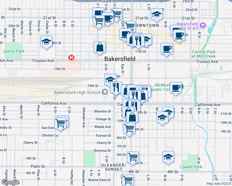 map of restaurants, bars, coffee shops, grocery stores, and more near 1300 H Street in Bakersfield