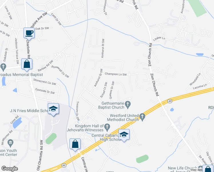map of restaurants, bars, coffee shops, grocery stores, and more near 390 Schad Court Southwest in Concord
