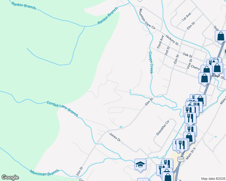 map of restaurants, bars, coffee shops, grocery stores, and more near 34 Scenic Drive in Dunlap