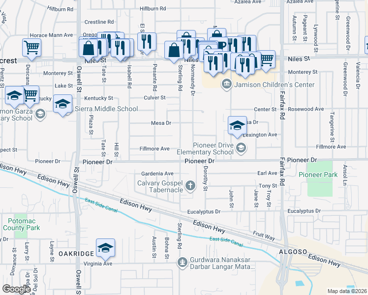 map of restaurants, bars, coffee shops, grocery stores, and more near 3430 Fillmore Avenue in Bakersfield