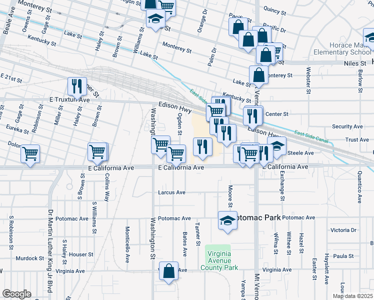map of restaurants, bars, coffee shops, grocery stores, and more near 1252 Ogden Street in Bakersfield