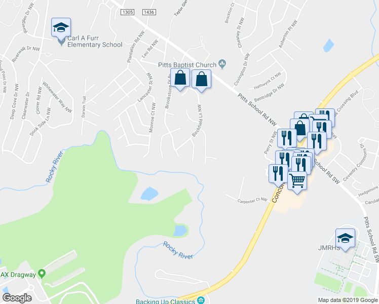map of restaurants, bars, coffee shops, grocery stores, and more near 5967 Brookcliff Place Northwest in Concord