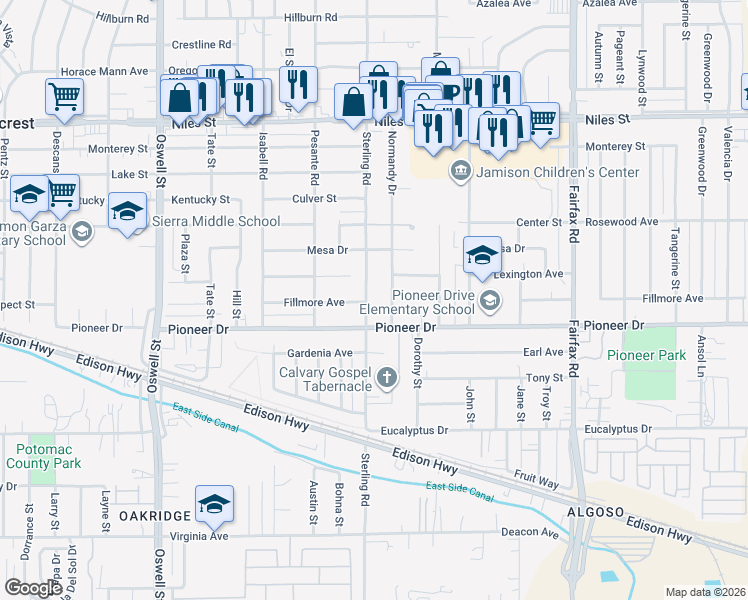 map of restaurants, bars, coffee shops, grocery stores, and more near 3430 Fillmore Avenue in Bakersfield