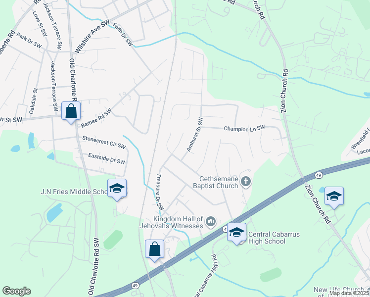 map of restaurants, bars, coffee shops, grocery stores, and more near 915 Treasure Place Southwest in Concord