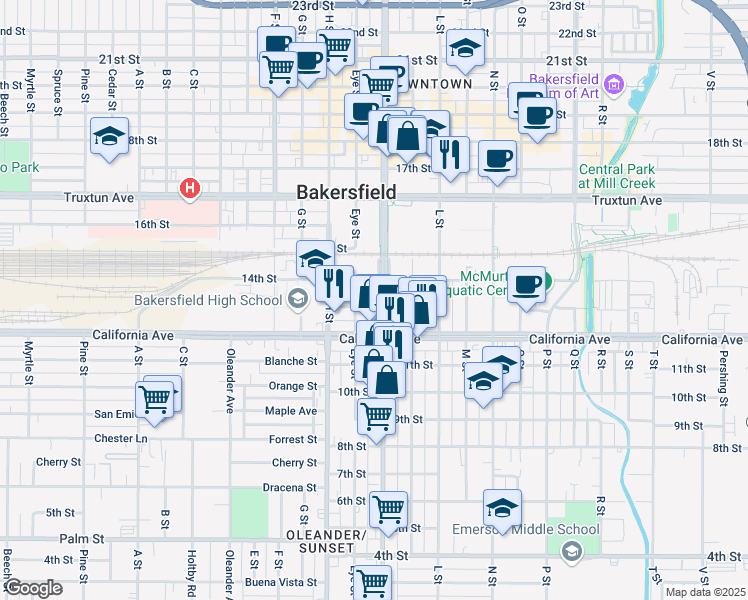 map of restaurants, bars, coffee shops, grocery stores, and more near 1301 Chester Avenue in Bakersfield