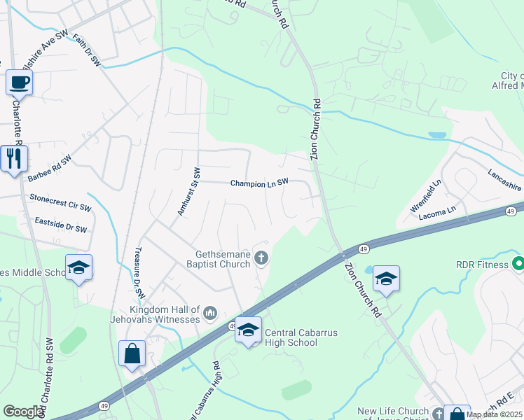 map of restaurants, bars, coffee shops, grocery stores, and more near 3061 Parade Lane Southwest in Concord