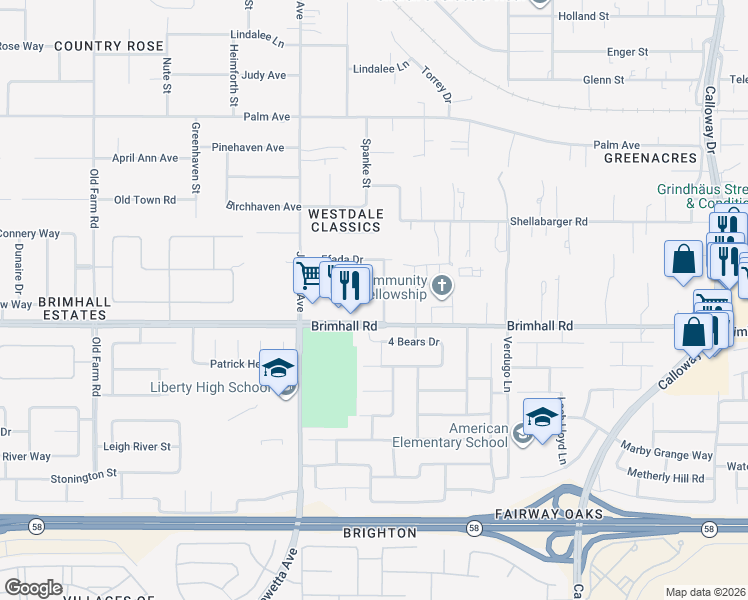 map of restaurants, bars, coffee shops, grocery stores, and more near 11006 Brimhall Road in Bakersfield