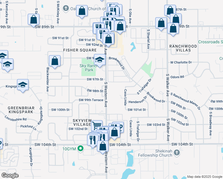 map of restaurants, bars, coffee shops, grocery stores, and more near 9900 South Western Avenue in Oklahoma City