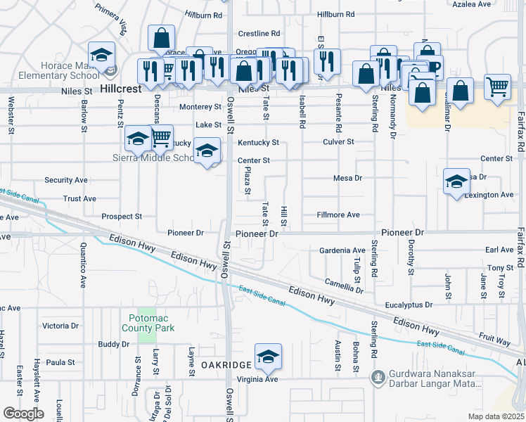 map of restaurants, bars, coffee shops, grocery stores, and more near 548 Hill Street in Bakersfield