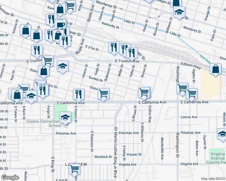 map of restaurants, bars, coffee shops, grocery stores, and more near 1218 Dolores Street in Bakersfield