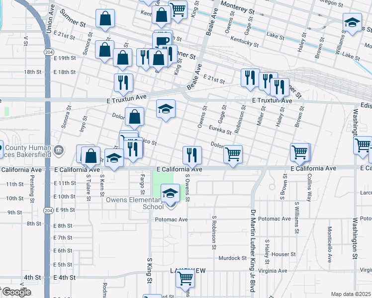 map of restaurants, bars, coffee shops, grocery stores, and more near 316 Owens Street in Bakersfield