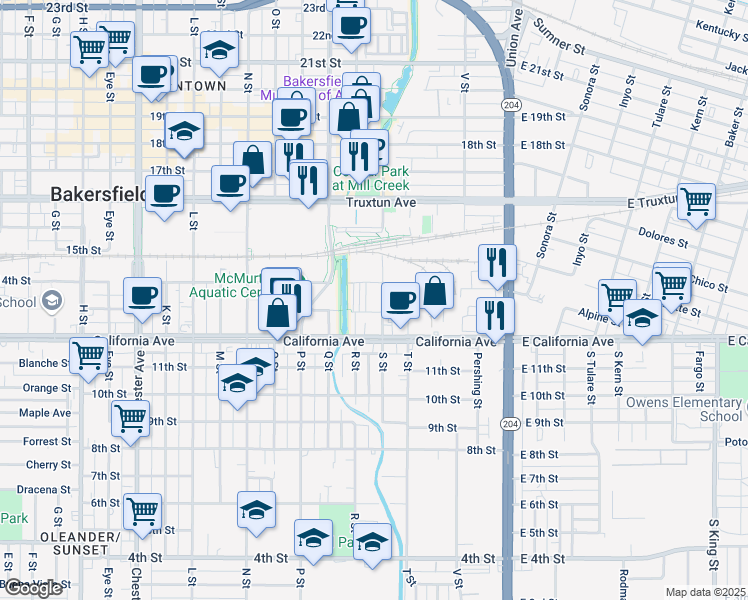 map of restaurants, bars, coffee shops, grocery stores, and more near 1303 S Street in Bakersfield