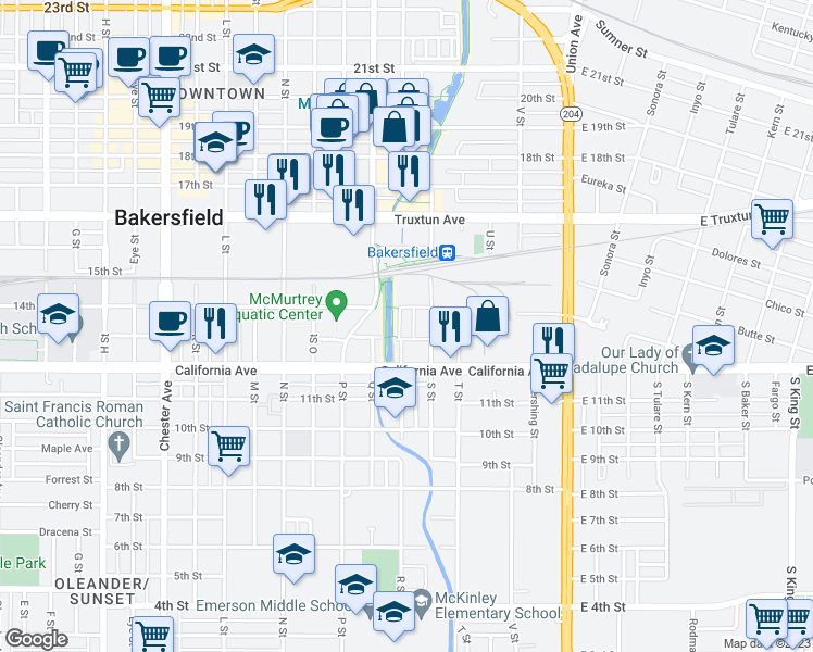 map of restaurants, bars, coffee shops, grocery stores, and more near 1300 R Street in Bakersfield