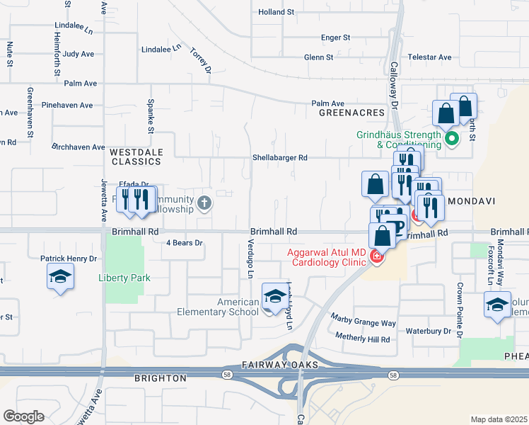map of restaurants, bars, coffee shops, grocery stores, and more near 10418 Brimhall Road in Bakersfield