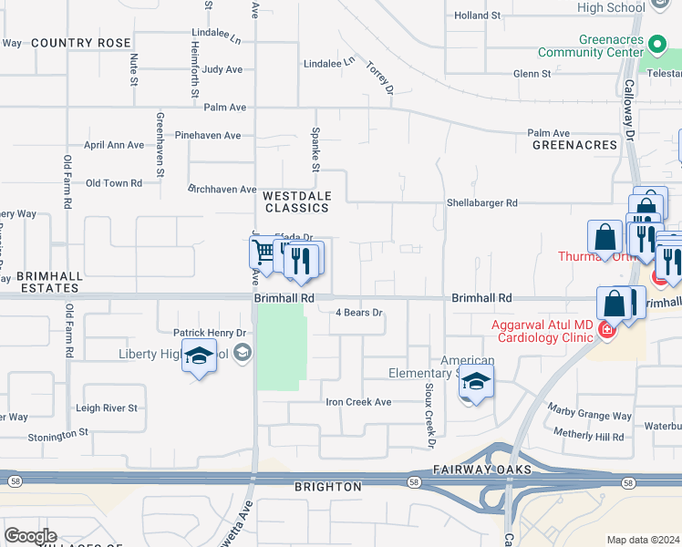 map of restaurants, bars, coffee shops, grocery stores, and more near 1308 Reddick Lane in Bakersfield