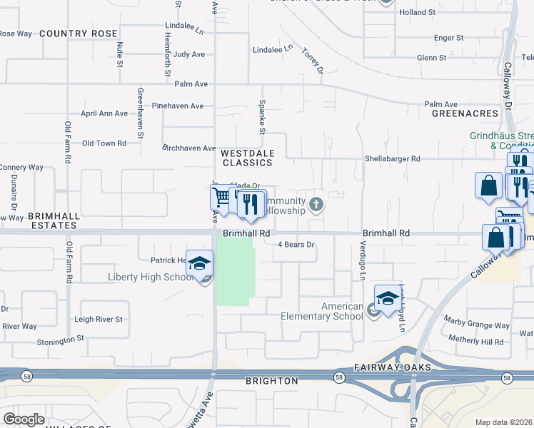 map of restaurants, bars, coffee shops, grocery stores, and more near 11006 Brimhall Road in Bakersfield