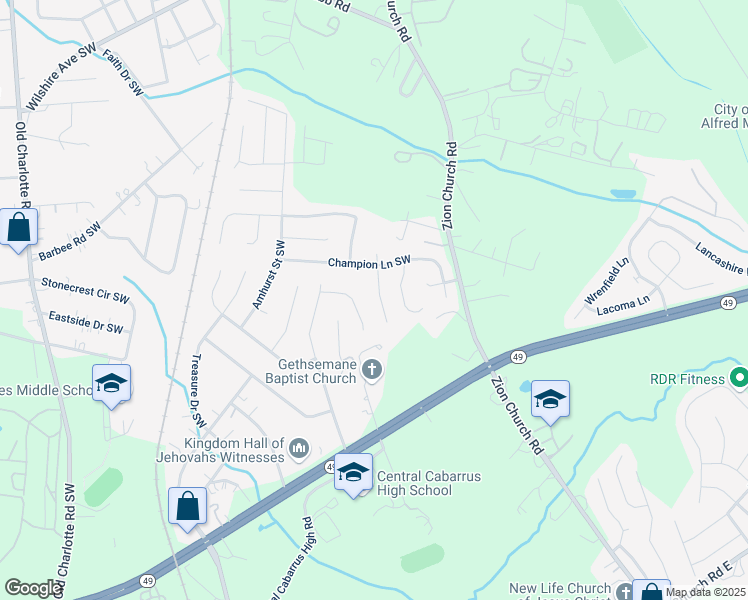 map of restaurants, bars, coffee shops, grocery stores, and more near 3061 Parade Lane Southwest in Concord