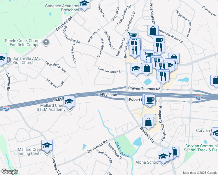 map of restaurants, bars, coffee shops, grocery stores, and more near 5826 Shining Oak Lane in Charlotte